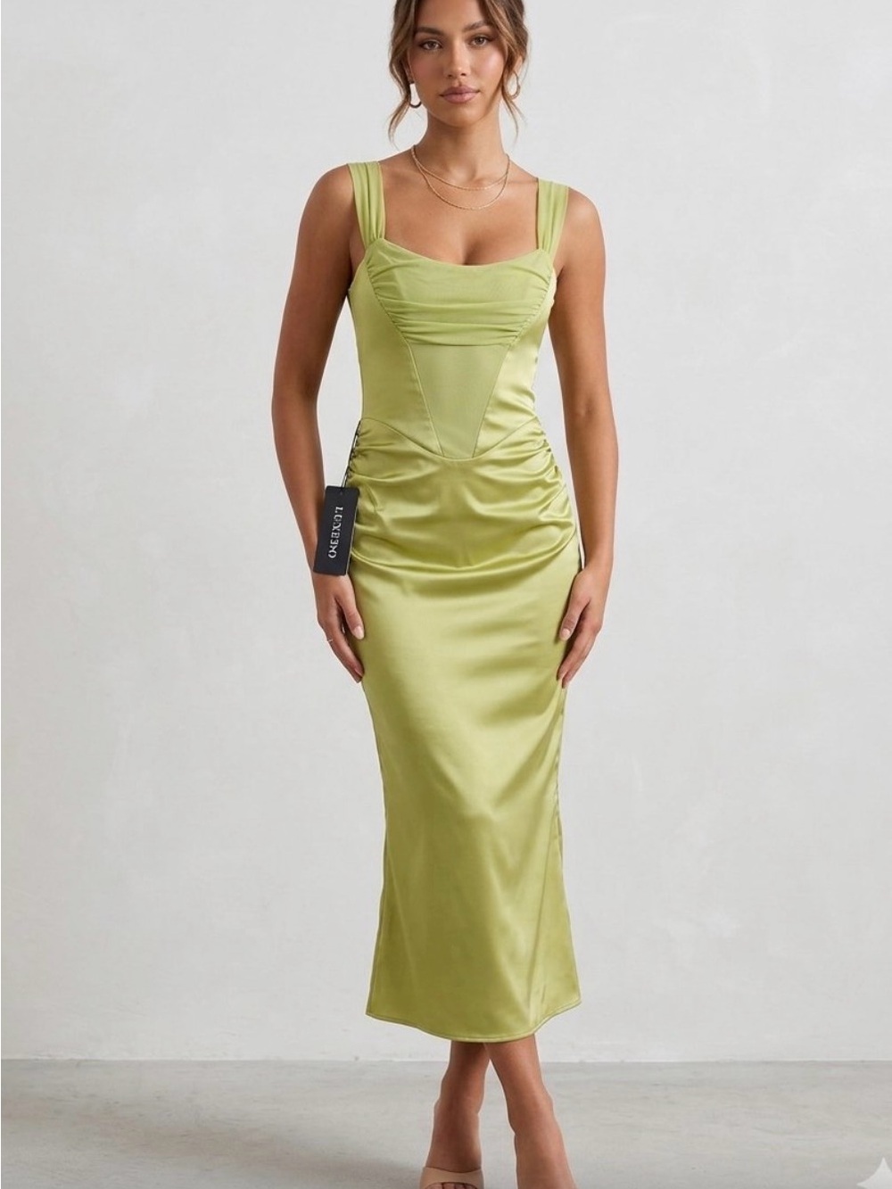 NWT Women’s XS Satin Lime Green Midi Sheer Homecoming/Cocktail Night Out Dress